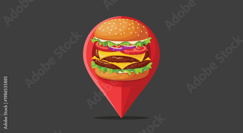 Delicious double cheeseburger with fresh lettuce and tomato featured inside a red location pin icon over a neutral gray backdrop.
