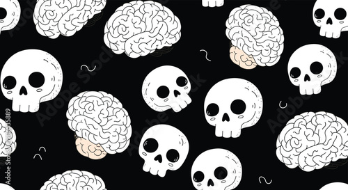 Seamless pattern featuring a repetition of white human skulls and pink brains against a dark black background for a macabre design.