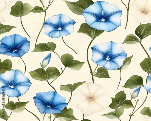 A Seamless Pattern Beautiful floral pattern with blue and white flowers on a soft beige background.