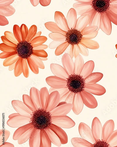 A Seamless Pattern A vibrant arrangement of blooming flowers in soft peach tones on a light background.