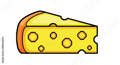 Pixel art illustration of a wedge of yellow Swiss cheese with characteristic holes and a light orange rind on its curved edge.