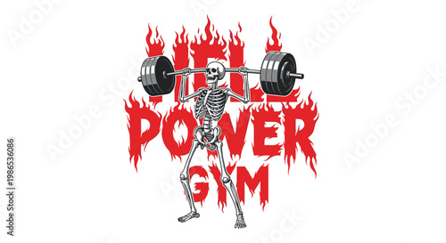 Dramatic illustration of a human skeleton lifting a heavy barbell with red flaming text reading power gym in the background.