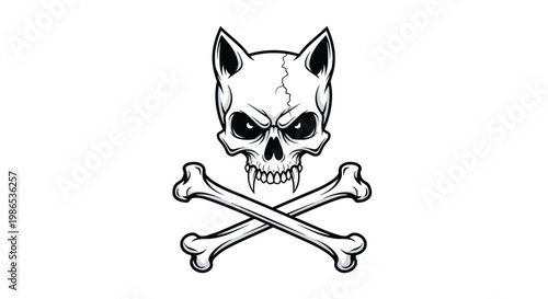 Stylized skull with pointed cat ears and sharp fangs positioned over two crossed bones in a pirate-inspired mascot design.