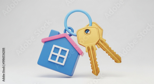 Realistic new house key vector set with blue toy house keychain on white for real estate branding