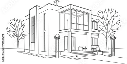 Modern cubic villa with cantilevered glass volume, clean facade and outdoor seating area in detailed architectural line vector illustration