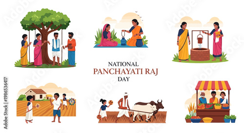 A bright vector illustration commemorates National Panchayati Raj Day, showcasing scenes of rural development and Indian local government concepts like village council interactions
