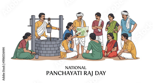 A group of Indian villagers gather around a well and a map, illustrating rural development on National Panchayati Raj Day, symbolizing local governance in a vector style against a clean