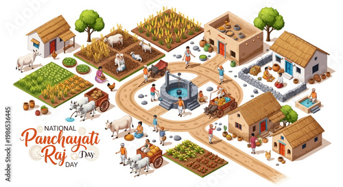 Isometric vector illustration depicts the Indian Panchayati Raj system, showcasing rural community development and village administration with farmers, livestock, and homes arranged