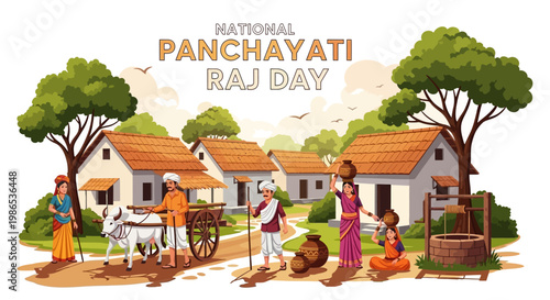 Celebrating national panchayati raj day with an illustration of rural development in India, showcasing village administration and local governance, featuring a colorful vector design