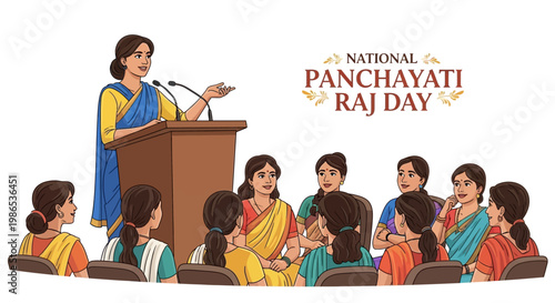 An illustration depicts a woman speaking at a podium during a National Panchayati Raj Day event, addressing an audience of women in a rural governance system, set against a clean background