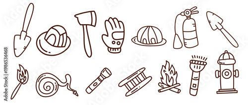 collection of fire safety equipment outlines featuring tools and rescue gear items