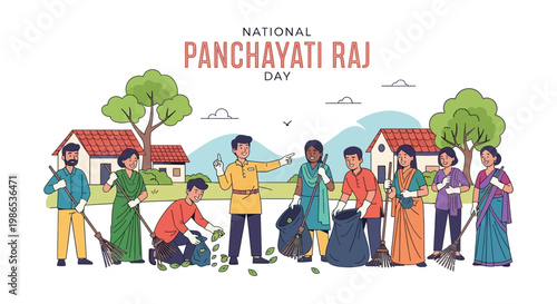 Illustrative vector art depicts village residents participating in National Panchayati Raj Day cleanup, sweeping with brooms and collecting refuse in bags against a backdrop of homes