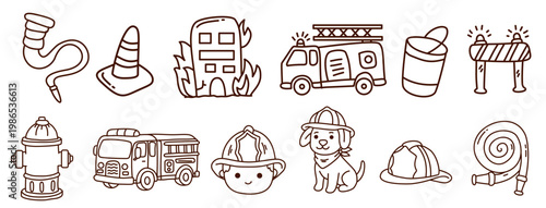 hand drawn firefighting doodles featuring trucks cones buildings and safety gear elements