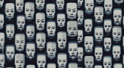 Dystopian seamless pattern featuring rows of identical gray robotic faces with stern expressions against a dark background.