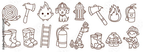 complete set of rescue equipment outlines including ladders boots and safety tools