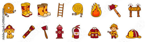 vibrant colorful icons of firefighting tools rescue dog and emergency safety equipment