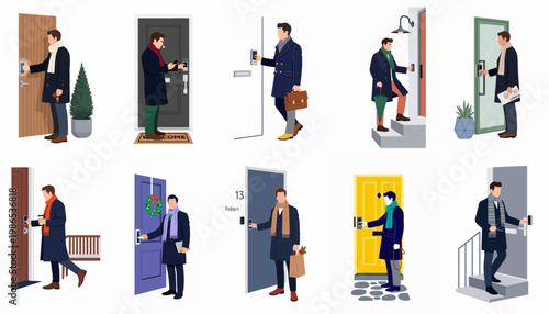 Flat vector illustrations of various men in winter coats accessing their homes using smart locks, mobile phones, and electronic keyless entry methods.