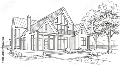 Modern farmhouse style house with gable roofs, spacious porch and landscaped yard in detailed architectural line vector illustration