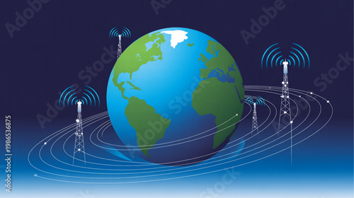Global Network, Earth Globe, Communication Towers, Wireless Signals