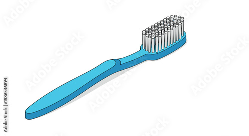Isometric illustration of a single blue plastic toothbrush with white bristles angled on a plain white background.