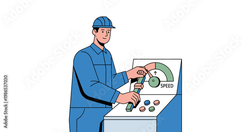Man in blue uniform operating machine.