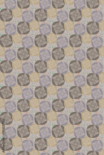 Beige, gray rounded squares with ovals inside and bright color accents make up a seamless vector pattern.