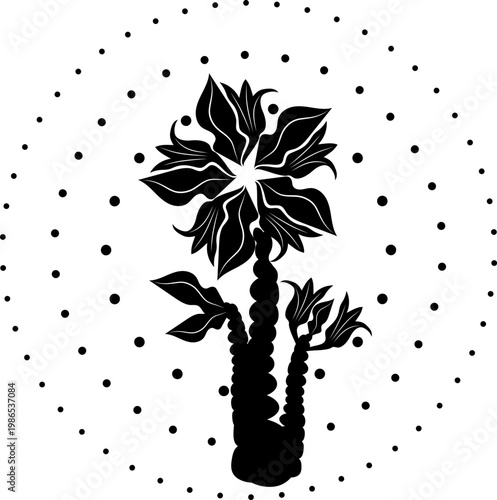 Vector plant in the form of a silhouette with an unusual flower, leaves and buds for printing on clothes, postcards, websites.