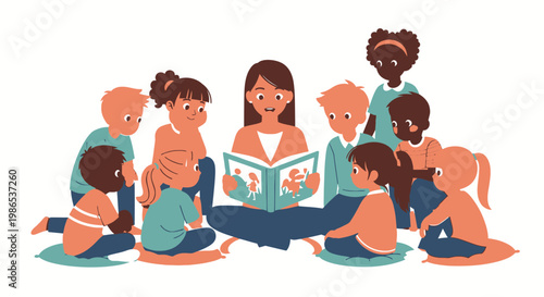 Woman Reading to Diverse Group Kids.