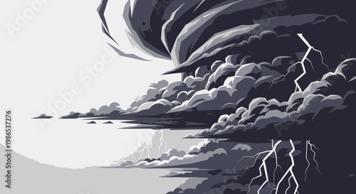 Dark stormy clouds with lightning bolt.