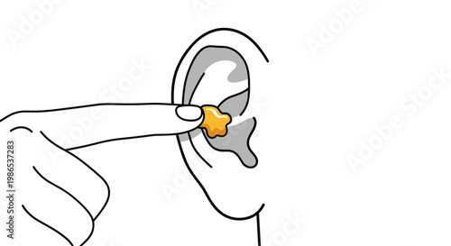 Close-up illustration of a person hand inserting a small orange foam earplug into an ear to provide effective hearing protection.