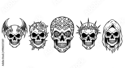 Decorative skulls in a row.