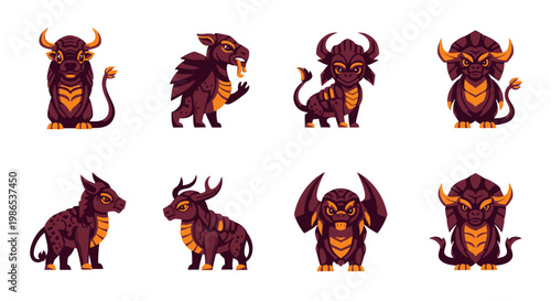 Collection of fantasy creatures with horns.