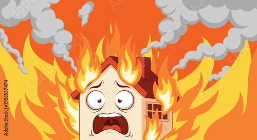 Terrified house cartoon character surrounded by huge orange flames and thick grey smoke in a dangerous fire situation.