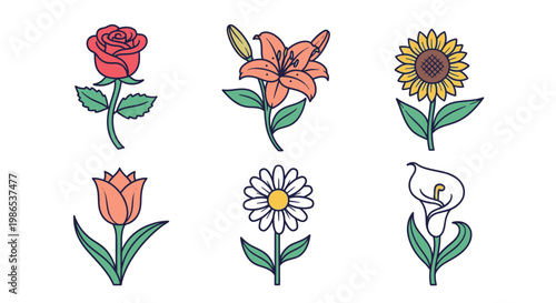 Colorful flowers on green stems.