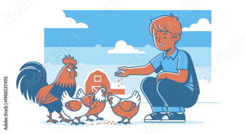 Man feeding chickens and rooster outside.