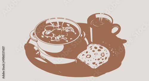 Brown soup with bread and coffee.