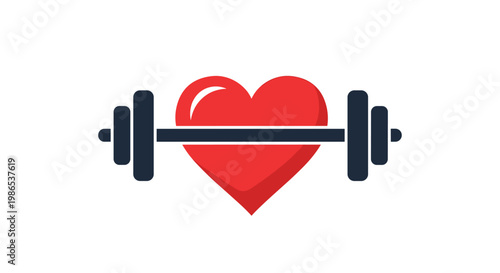 Red heart shape with a black barbell across it symbolizing the connection between physical fitness and cardiovascular health.