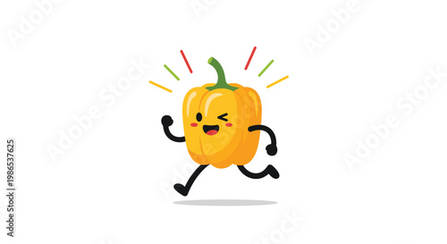 Energetic yellow bell pepper cartoon character running with a happy expression and winking eye on a white background.