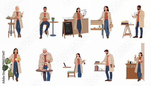 Set of Diverse People in Autumn Trench Coats Engaged in Daily Activities and Cafe Culture Vector Illustrations