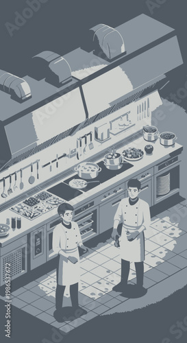 Two chefs standing in kitchen area.