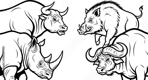 Black and white rhino illustration faces.