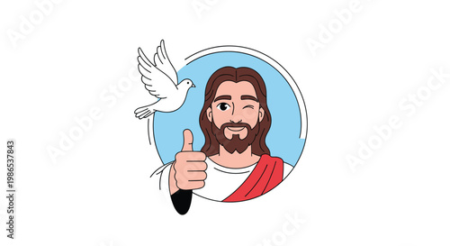 Friendly cartoon depiction of Jesus Christ winking and giving a thumbs up with a white dove against a blue circle.