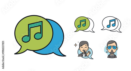 Music note speech bubble icons set.