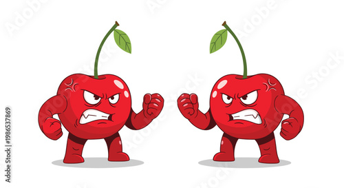 Two angry cherry characters with muscular arms facing each other in a boxing or fighting stance on a white background.