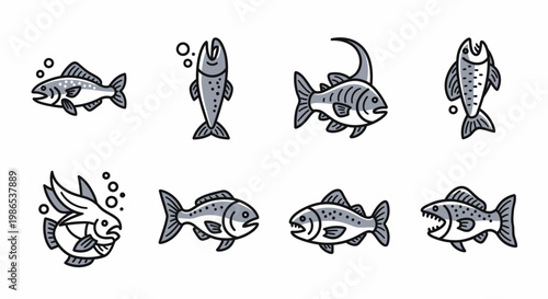 Eight Different Fish Species Swimming Horizontally.