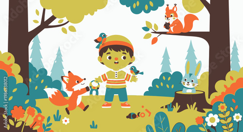 Happy child with animals in forest.