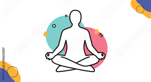 Minimalist outline of a person sitting in a lotus yoga pose for meditation with colorful abstract shapes in background.