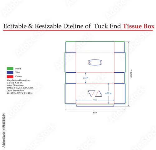 Editable dieline of tuck end tissue box, dimensions and cutout guide