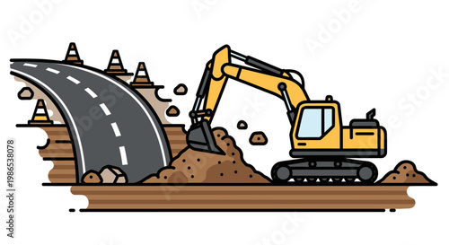Yellow excavator digging road construction site.