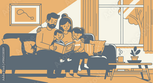 Family Reading Together On Sofa.